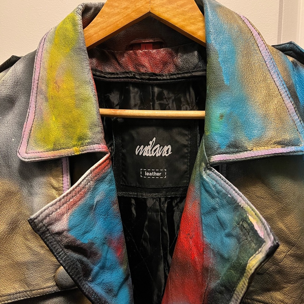 Custom Hand Painted Pink Panther Leather Trench Coat - Picture 3 of 12
